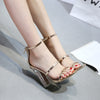Open Toe Strappy Ankle Strap Gold Sandals Crystal Transparent Clear Block Thick Heel Sandals