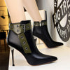 Retro Pointed Toe Belt Buckle Rivets Silver Heel Ankle Boots