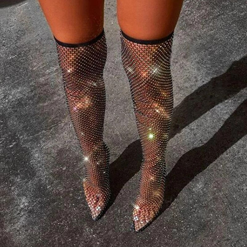 Over the KneeThigh High Pointed Toe Crystal Fishnet Mesh Boot
