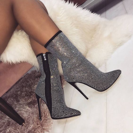 Rhinestones Ankle Zip Side Pointed Toe Boots