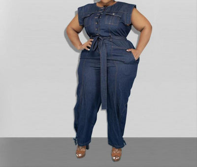 Denim Jumpsuit Short Sleeve Sashes One Piece Overall