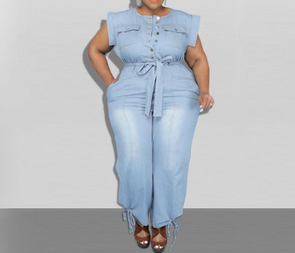 Denim Jumpsuit Short Sleeve Sashes One Piece Overall