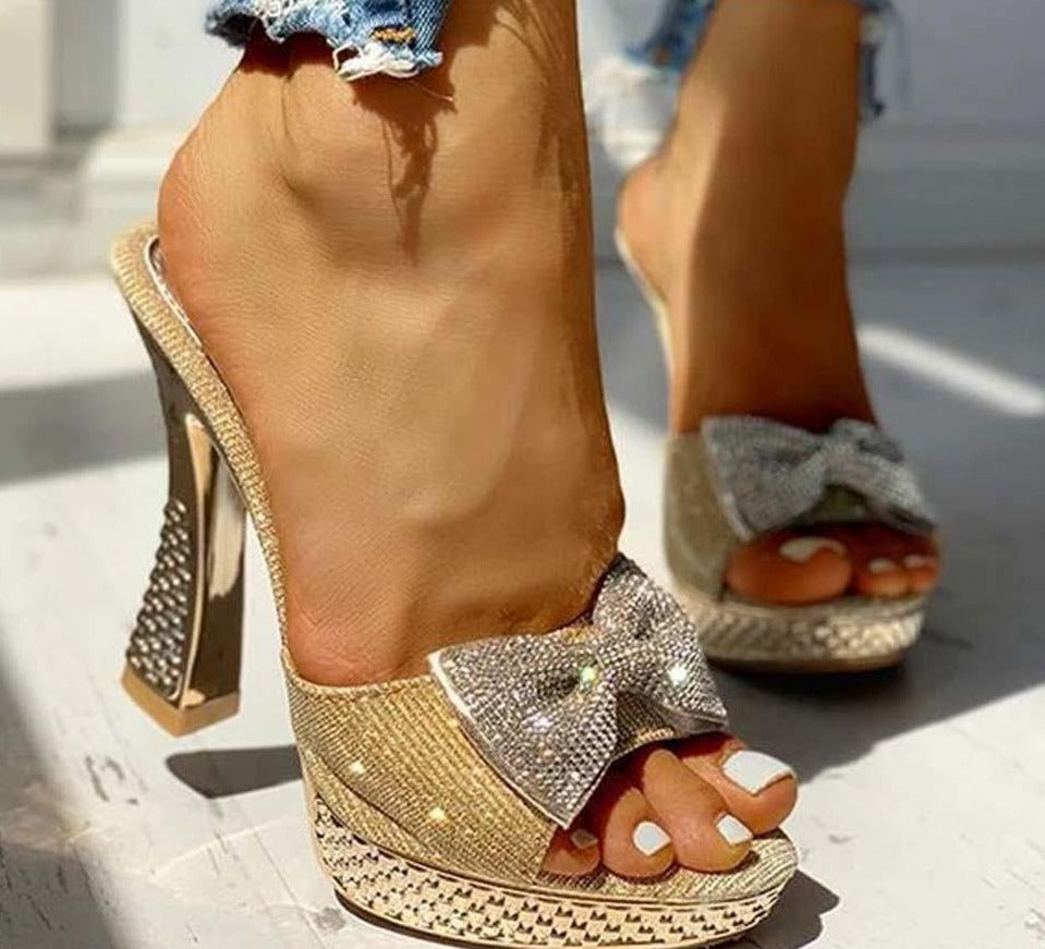 Trendy Bowtie Platform Crystal Slippers