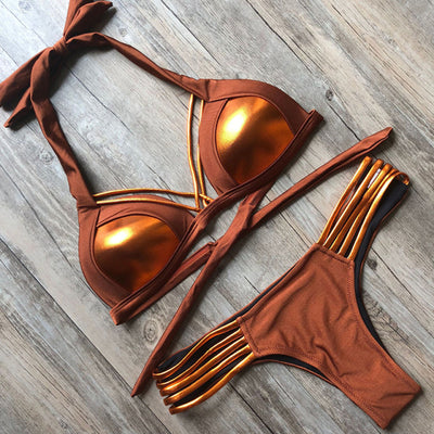 Brazilian Bikini Push Up Shiny Metallic Accent Swimwear