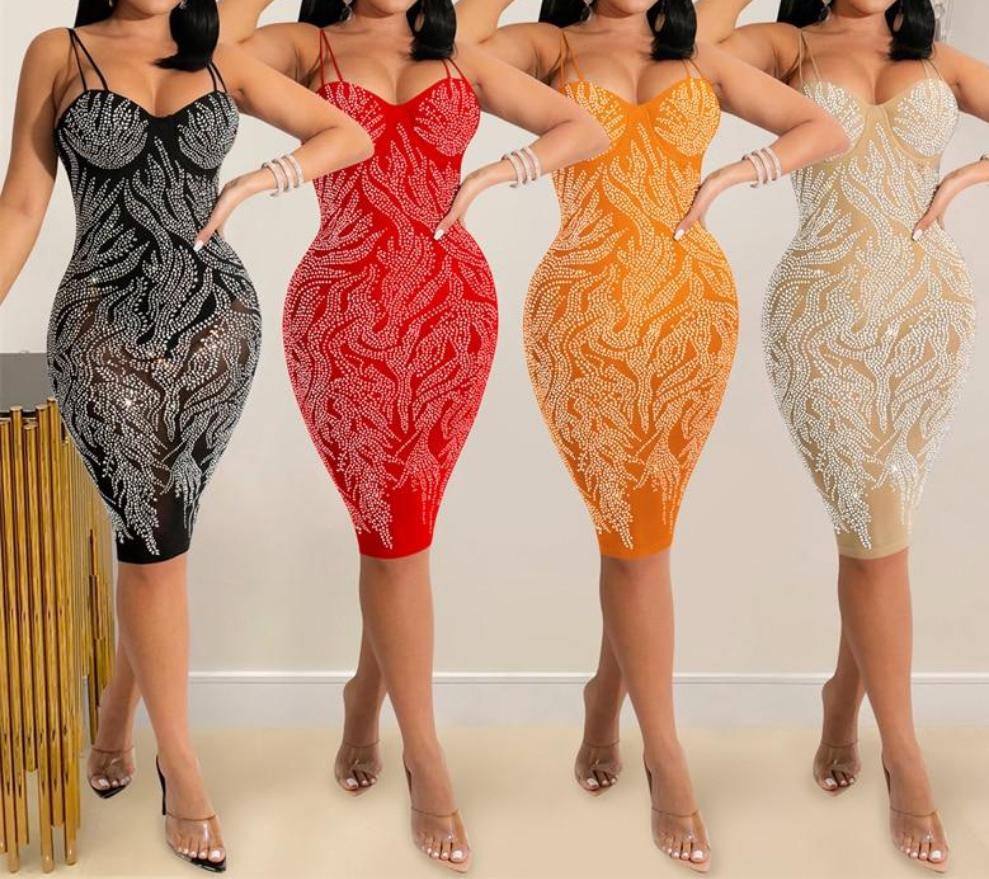 Diamonds Sheer Mesh Spaghetti Straps Midi Party Dress
