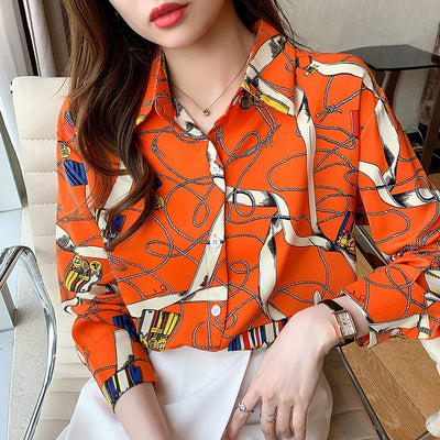 Elegant Vintage Print Turn-down Collar Long Sleeve Button Blouse