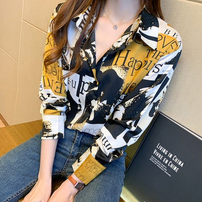 Elegant Vintage Print Turn-down Collar Long Sleeve Button Blouse