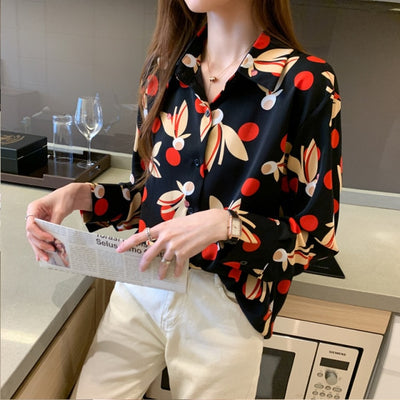 Elegant Vintage Print Turn-down Collar Long Sleeve Button Blouse