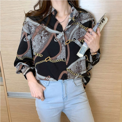 Elegant Vintage Print Turn-down Collar Long Sleeve Button Blouse