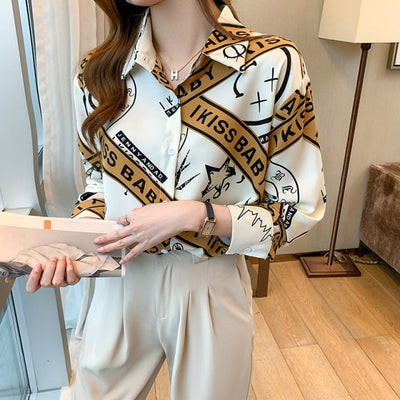 Elegant Vintage Print Turn-down Collar Long Sleeve Button Blouse