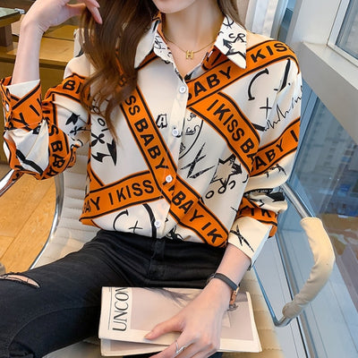 Elegant Vintage Print Turn-down Collar Long Sleeve Button Blouse