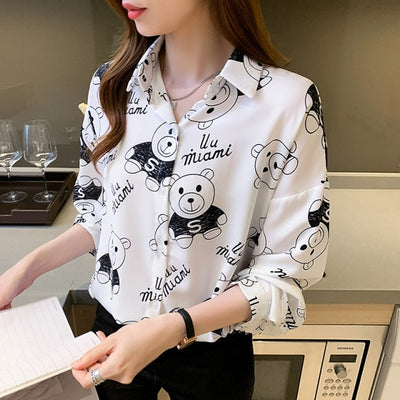 Elegant Vintage Print Turn-down Collar Long Sleeve Button Blouse