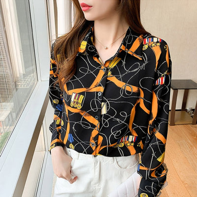 Elegant Vintage Print Turn-down Collar Long Sleeve Button Blouse