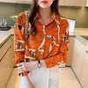 Elegant Vintage Print Turn-down Collar Long Sleeve Button Blouse