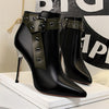 Retro Pointed Toe Belt Buckle Rivets Silver Heel Ankle Boots