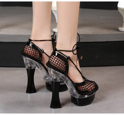 Cross Ankle Strap Hollow Mesh Chunky Heel Sandals